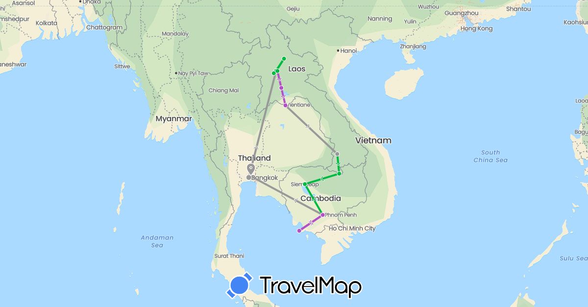 TravelMap itinerary: bus, plane, train in Cambodia, Laos, Thailand (Asia)